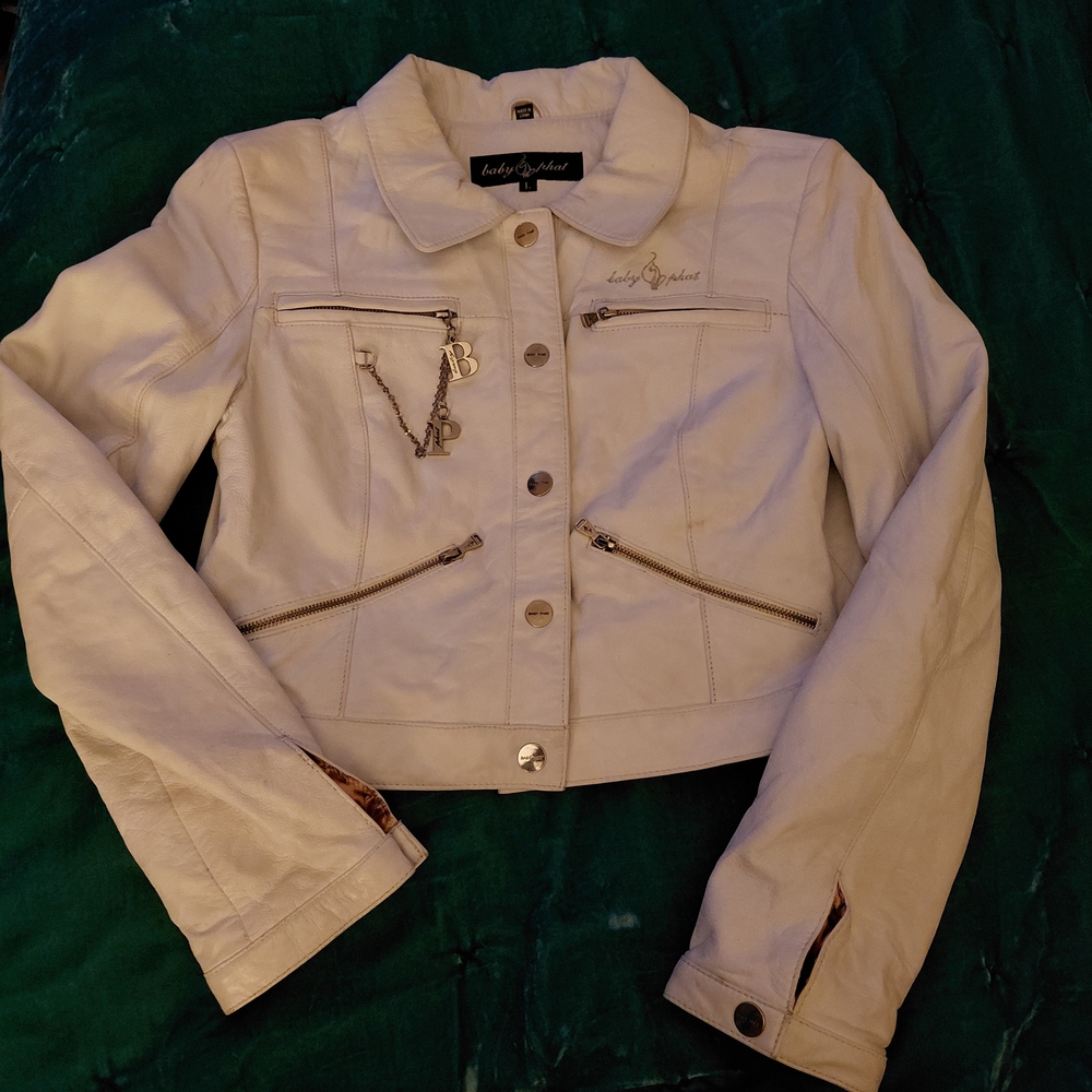 Baby Phat Cream Cropped Leather Jacket with Zipper Details